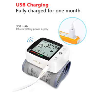Digital Blood Pressure Monitor Wrist Tensiometer Electronic Sphygmomanometer Tonometer with LCD, 2 X 90 Memory Rechargeable