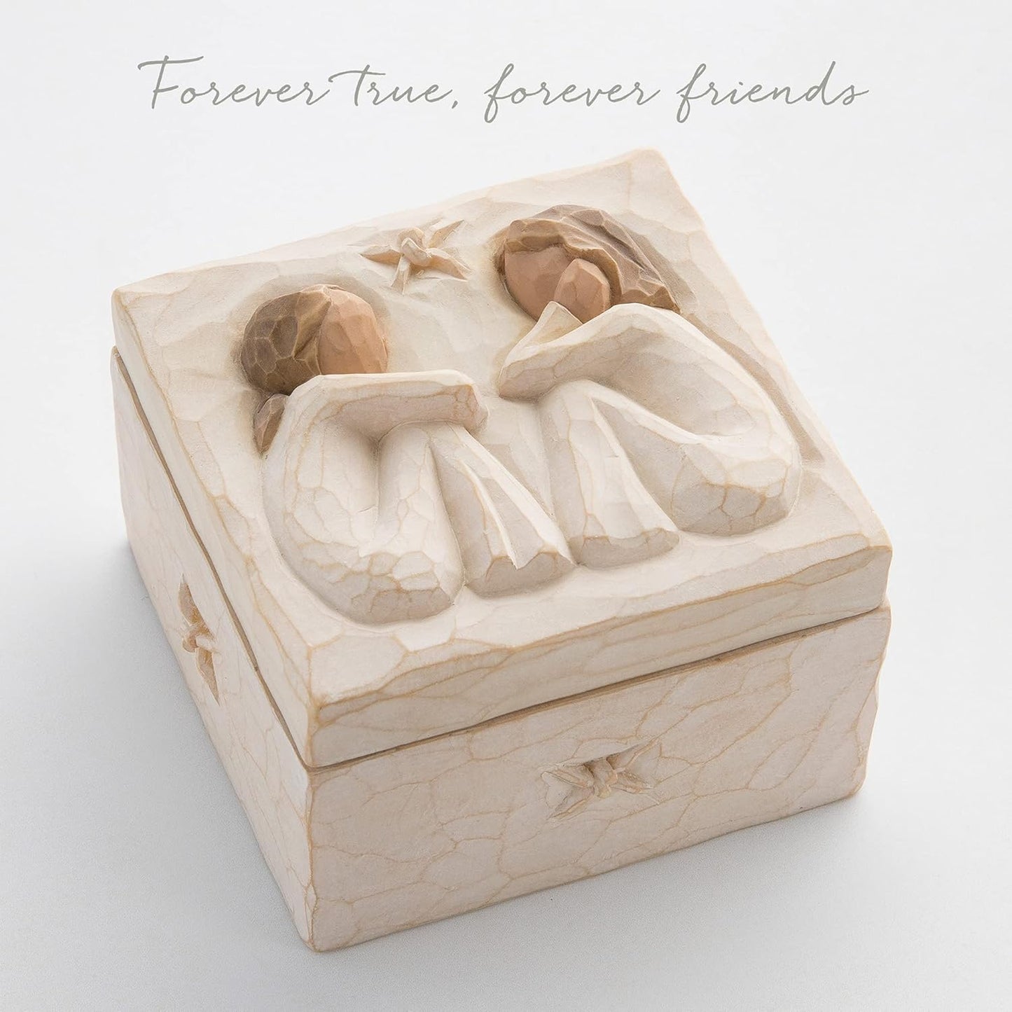 Friendship Keepsake Box, Forever True, Forever Friends, Holds Jewelry and Treasures, Carving of Best Friends or Sisters, Sculpted Hand-Painted Keepsake Box