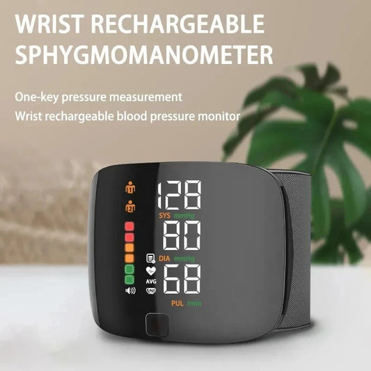 Rechargeable Wrist Blood Pressure Monitor Accurate Digital Tensiometer with Heart Rate & LED Display
